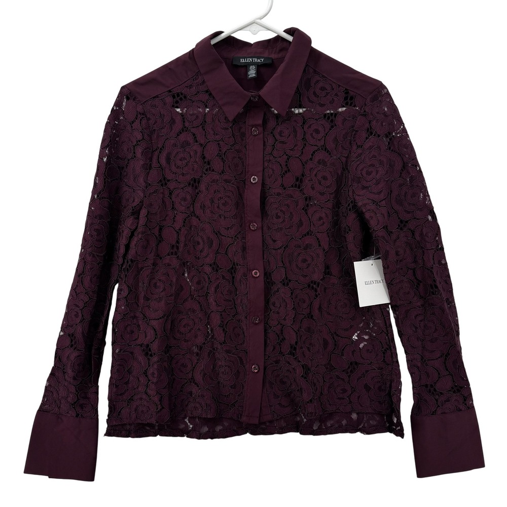 Ellen Tracy Shirt Womens Small Burgundy Wine Tasting Lace Sheer Button Up Dressy